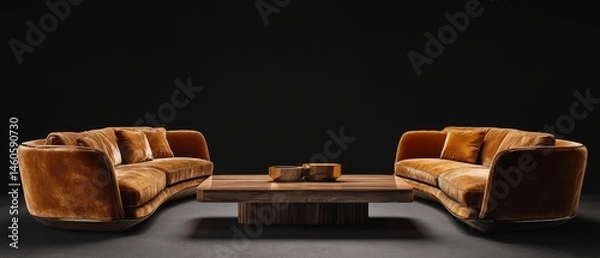 Obraz Two Curved, Orange Velvet Sofas Face Each Other Across A Dark Wood Coffee Table, Creating A Sophisticated And Elegant Living Room Scene. The Lighting Is Dramatic, Highlighting The Luxurious Textures.