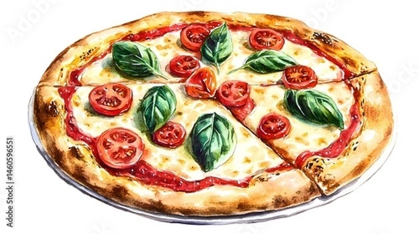Fototapeta Hand-drawn illustration of a delicious pizza with sliced tomatoes and basil.