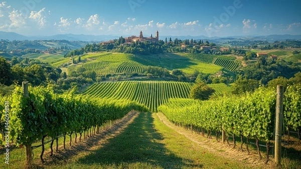 Obraz Tuscan Vineyard Landscape: Rolling Hills, Vines, and a Medieval Village