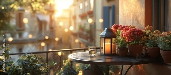 Fototapeta Sunset balcony scene, flowers, lantern, city view