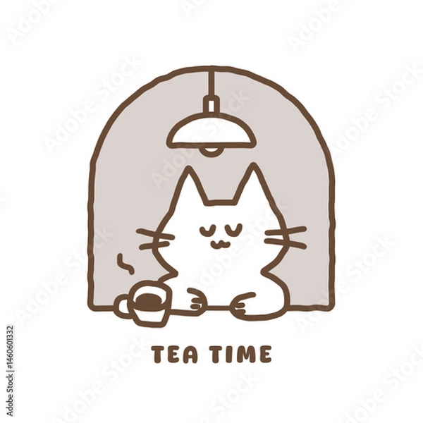 Fototapeta The logo of a cat illustration character in a warm atmosphere drinking tea time coffee