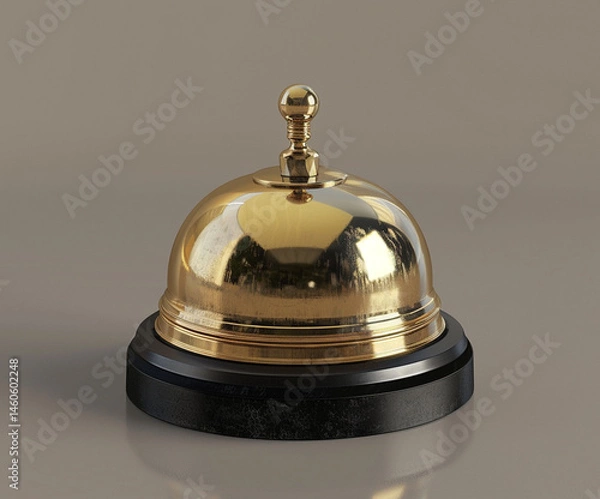 Fototapeta Classic hotel bell with a polished golden surface and black round base. Symbol of hospitality, timeless customer service, and premium guest experience.