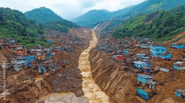 Obraz Devastating Landslide in Mountain Village: Aerial View of Mudslide Destruction