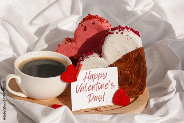 Fototapeta HAPPY VALENTINE'S DAY text message paper note card Morning breakfast celebration Delicious fresh variety croissants topped with colorful flavor Ganache. Creation unique heart shape bakery. Puff pastry