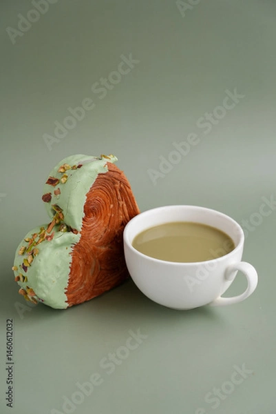 Fototapeta Drink beverage coffee cappuccino latte Delicious fresh croissant topped with Matcha Green Tea flavor Ganache. Creation unique heart shape bakery. Puff pastry holiday love gift present idea Valentine's