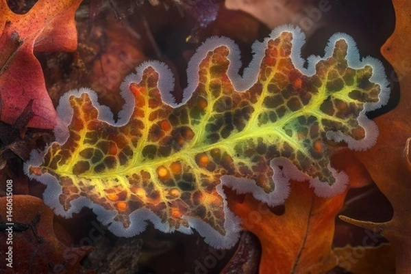 Fototapeta Intricate leaf-like organism with vibrant colors and textured surface, resembling a bioluminescent plant.