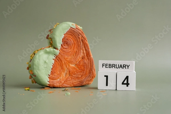 Fototapeta 14 February love symbol Delicious fresh croissant topped with Matcha Green Tea flavor Ganache. Creation unique heart shape bakery. Puff pastry holiday love gift present idea Valentine's day. Copy
