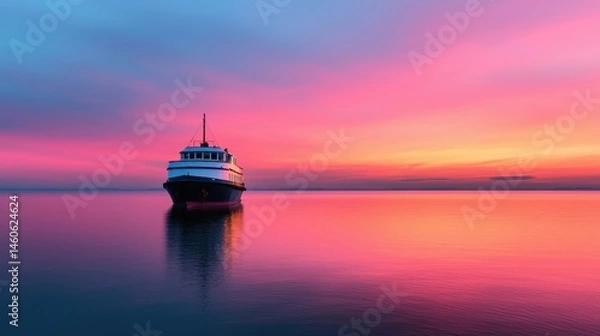 Obraz Tranquil Sunset with Boat on Calming Water Surface at Dusk