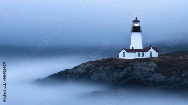 Obraz Serene Lighthouse on Rocky Coastline Surrounded by Misty Water