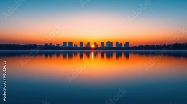 Obraz Sunset Reflection Over Calm Water with Urban Skyline Silhouette