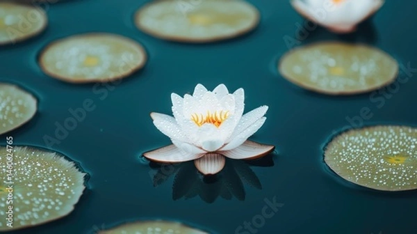 Obraz Serene Water Lily Bloom Surrounded by Green Lily Pads in Pond