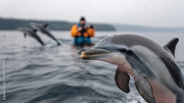 Obraz Playful Dolphin Swimming Near Man in Ocean with Other Dolphins Present