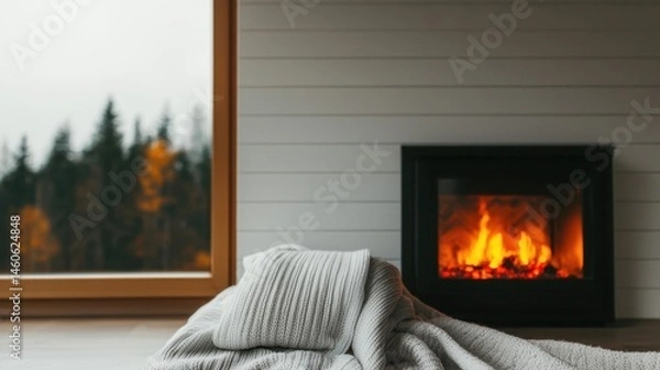 Obraz Cozy indoor scene with soft blanket and warm fireplace flames