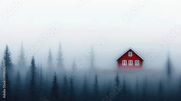 Obraz Red House Surrounded by Misty Forest in Soft Light Atmosphere
