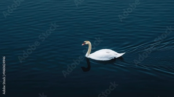 Obraz Majestic White Swan Gliding Smoothly on Calm Dark Water Surface