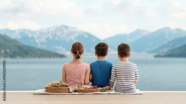 Obraz Children Enjoying Scenic View with Baskets of Fresh Snacks