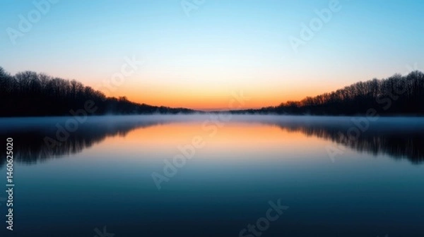 Obraz Tranquil Lakeside Sunset with Mist and Calm Water Reflections