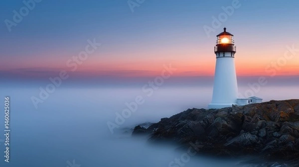 Obraz Serene Lighthouse at Dusk with Calm Ocean and Colorful Sky