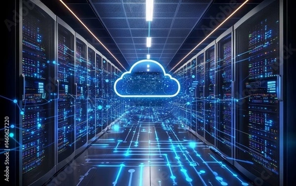 Fototapeta Representation of modern cloud infrastructure and data management.