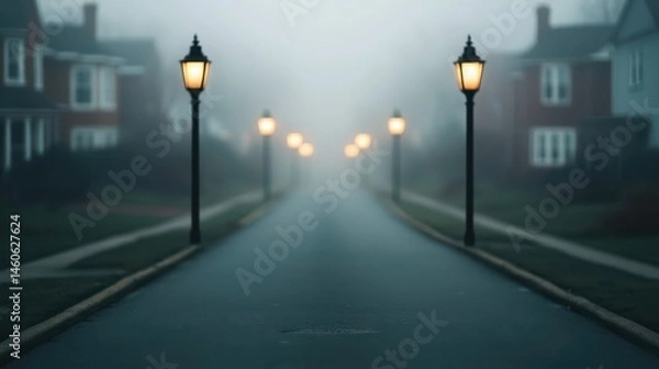 Obraz Foggy Street with Vintage Lanterns in a Mysterious Neighborhood