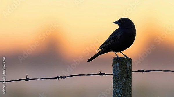 Obraz Silhouette of a Bird Perched on a Fence Post at Sunrise