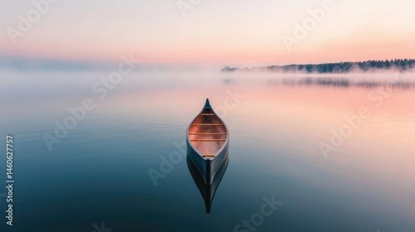 Obraz Tranquil Canoe in Serene Misty Lake at Dawn's First Light