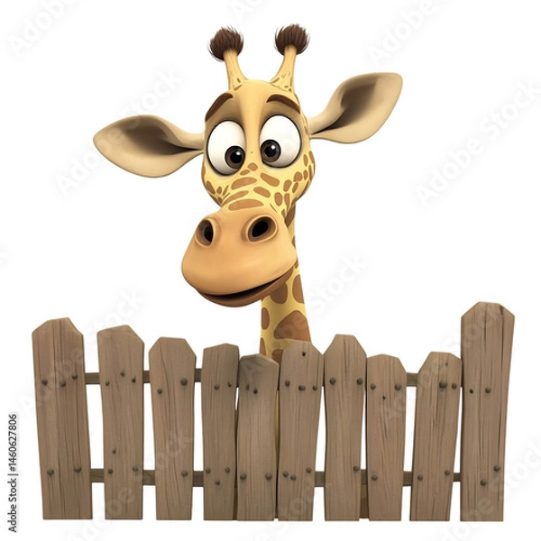Obraz Cartoon Giraffe Peeking Over Fence Isolated on Transparent Background