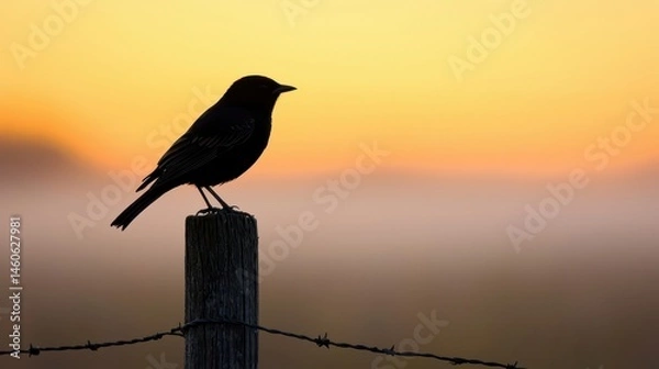 Obraz Silhouette of a Bird on a Post during Sunset with Soft Fog