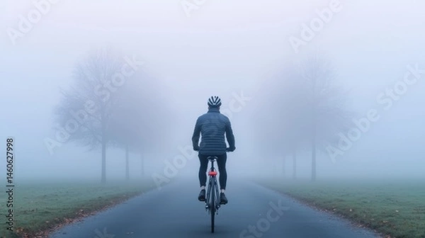 Obraz Man Cycling Through Foggy Landscape with Trees on Either Side