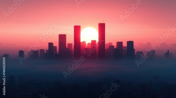 Obraz Vibrant Sunset Over Skyline with Silhouetted Buildings and Fog