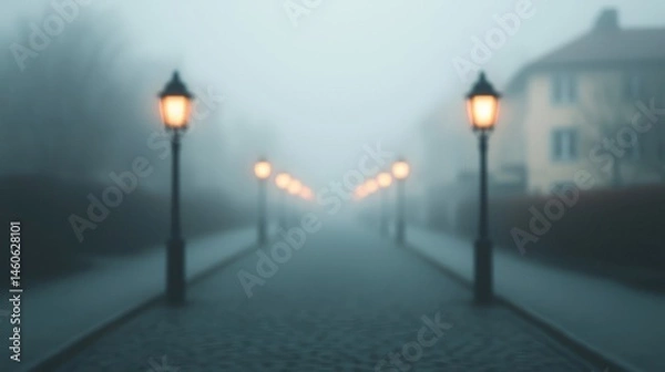 Obraz Serene Foggy Pathway with Street Lamps in Tranquil Atmosphere