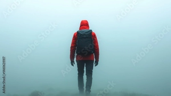 Obraz Hiker in Red Jacket Walking Through Dense Fog on Mountain Trail