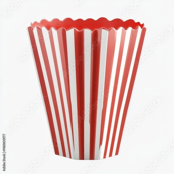 Fototapeta Red and white striped popcorn container with scalloped edge.  Detailed view of a conical, disposable popcorn box