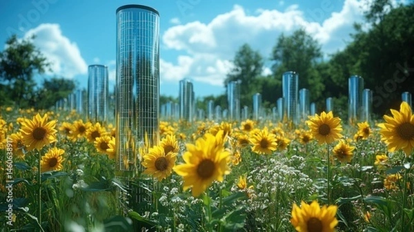 Fototapeta Sunflowers bloom vibrantly in a field, interspersed with tall, reflective cylindrical structures under a bright, sunny sky