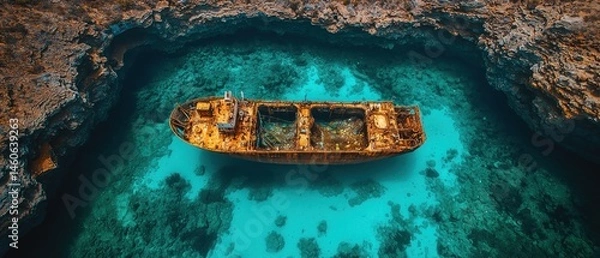 Fototapeta Sunken ship rests in turquoise waters, nestled within a natural rock cove.  Coral reefs surround it