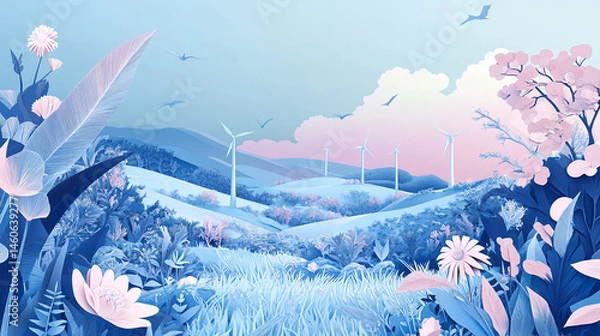 Fototapeta A beautiful countryside view with paper cut wind turbin