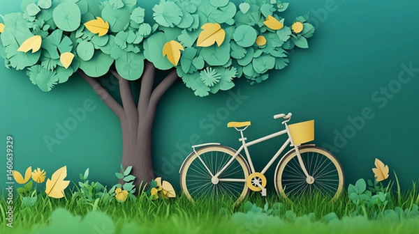 Fototapeta A digital art piece of a bicycle next to a tree with meadow