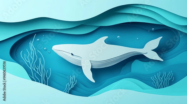 Fototapeta A paper cut style image of a whale swimming
