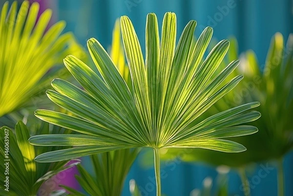 Fototapeta Sunlight illuminates vibrant green palm frond, detailed leaf texture, striking contrast against blurred teal background