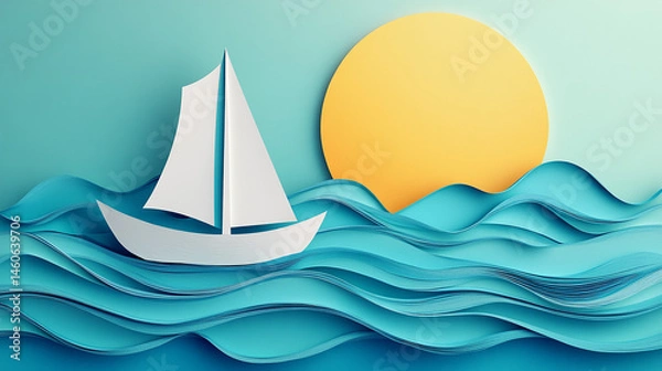 Fototapeta A paper craft sailboat navigating stylized waves