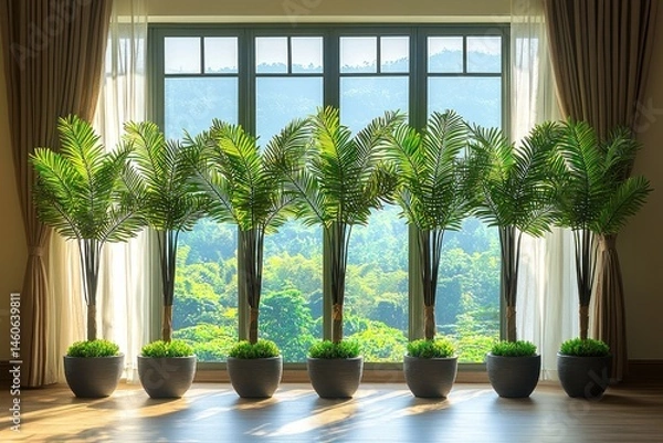 Fototapeta Sunlight streams through a large window, illuminating six potted palm trees arranged neatly on the hardwood floor, showcasing a lush green mountain view beyond