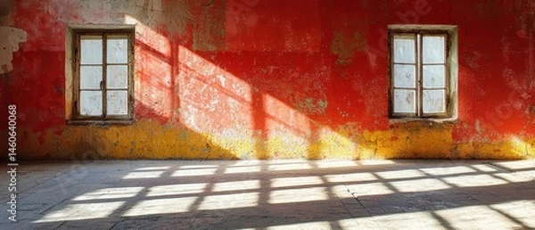 Fototapeta Sunlight streams through windows in a dilapidated room with red and yellow walls, casting shadows on the floor