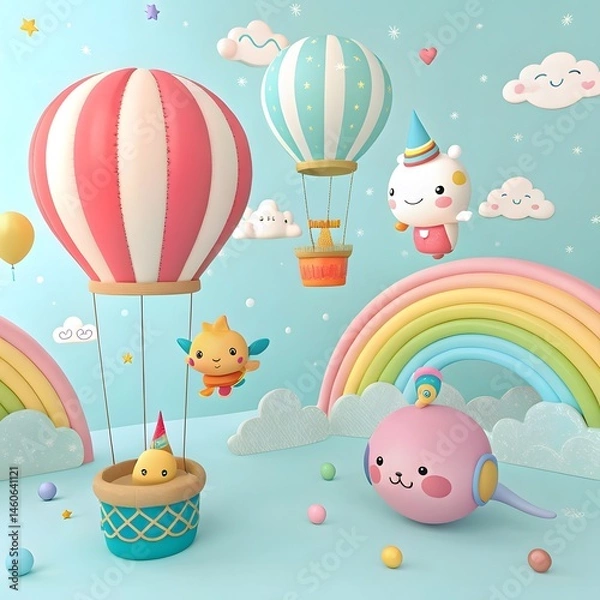 Fototapeta "Whimsical sky with vintage airplanes, hot air balloons, and fluffy clouds in pastel colors."