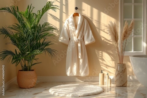 Fototapeta Sunlit bathroom with bathrobe, plants, and bath essentials.  Relaxing spa-like atmosphere