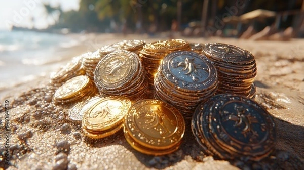 Fototapeta Sunlit beach scene with a pile of gold and silver coins partially buried in the sand near the water
