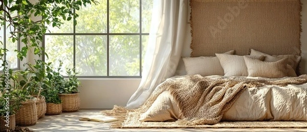 Fototapeta Sunlit bedroom with a cozy bed, lush plants, and large windows offering a tranquil atmosphere