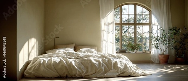 Fototapeta Sunlit bedroom with large window, plants, and a rumpled bed