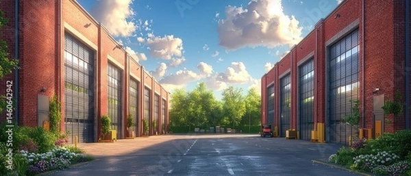 Fototapeta Sunlit brick buildings with large doors line a wide paved road, leading to a green landscape under a bright sky