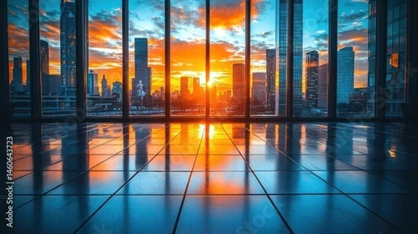 Fototapeta Sunlit cityscape viewed through large windows from a polished floor in a modern building