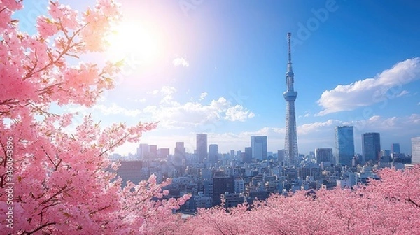 Fototapeta Sunlit cityscape with cherry blossoms in full bloom. Tower dominates skyline